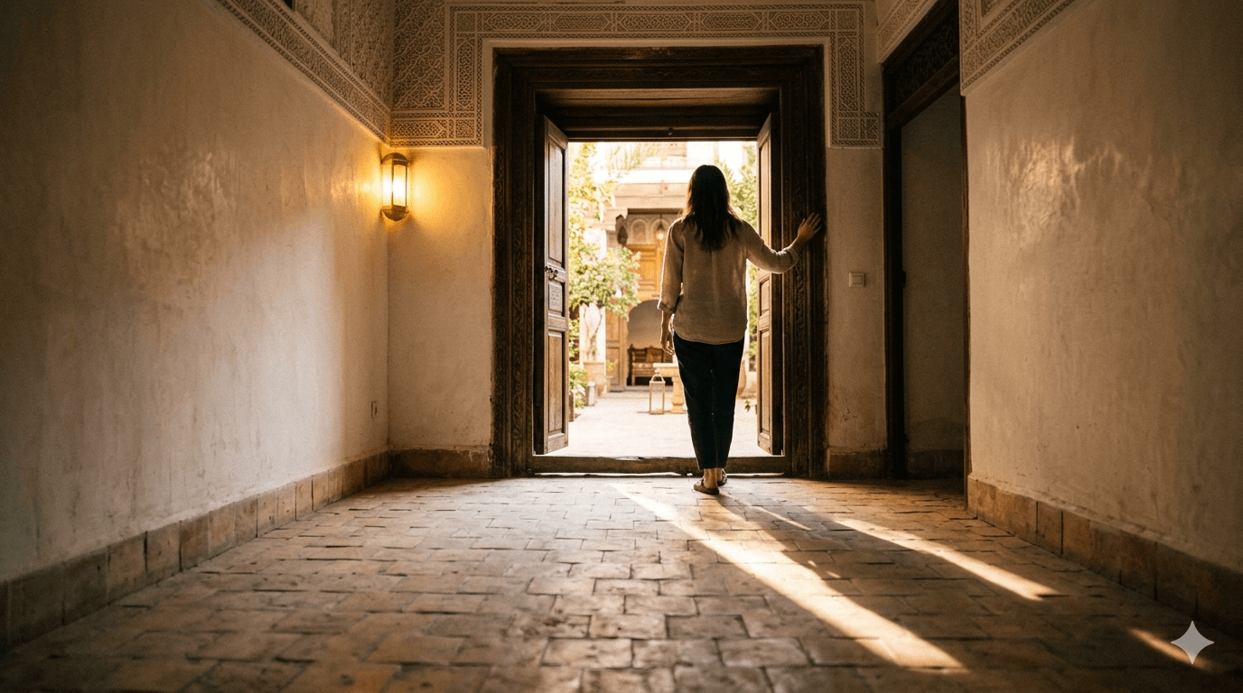 A traveler stands at the threshold of a tiled corridor in a traditional MENA building, a brass wall lamp glowing on the left and warm afternoon light spilling in through the doorway.