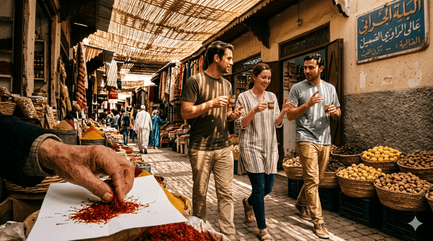Three travelers walk through a Marrakech souk holding tea glasses mid-conversation, while a vendor’s hand arranges saffron threads on paper in the foreground.