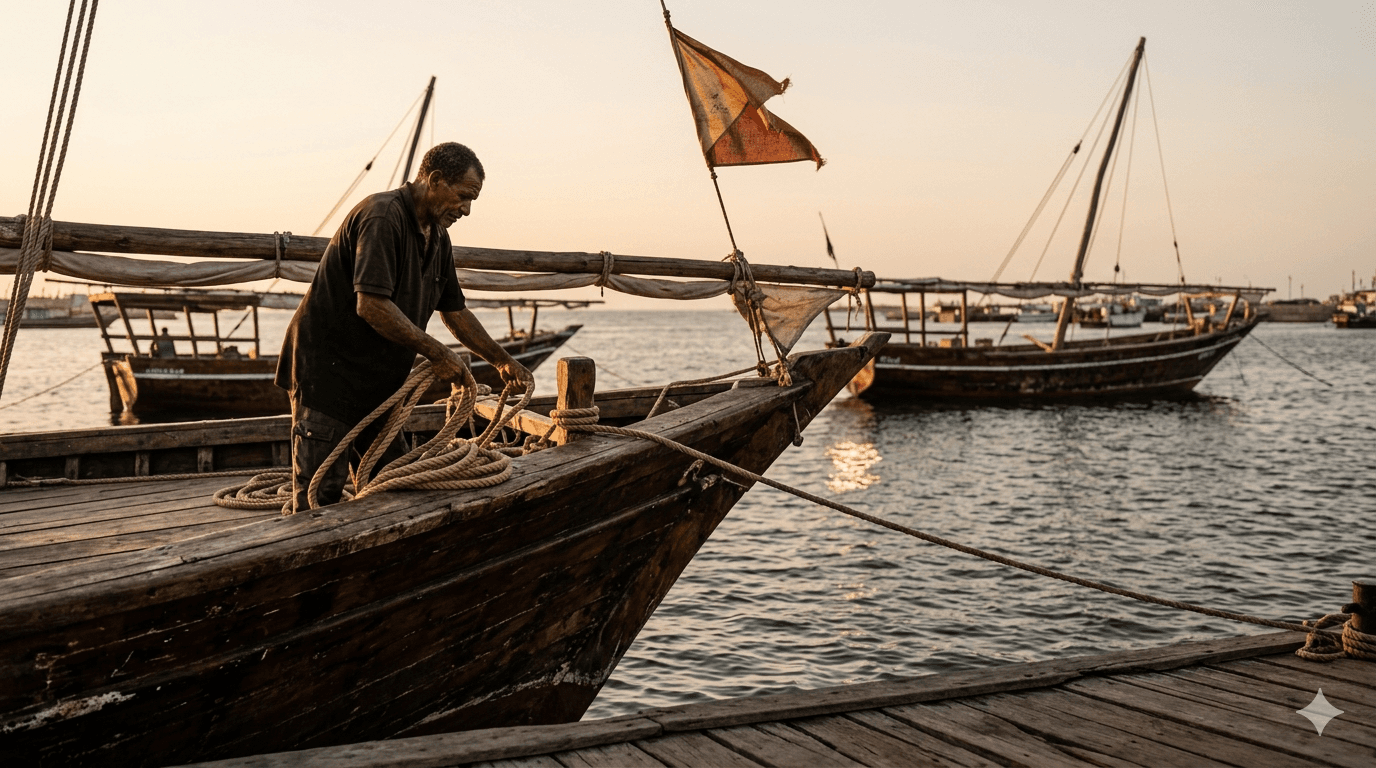 A captain handles a rope at the bow of a traditional wooden dhow at a working harbor, two other dhows resting behind under warm afternoon light.
