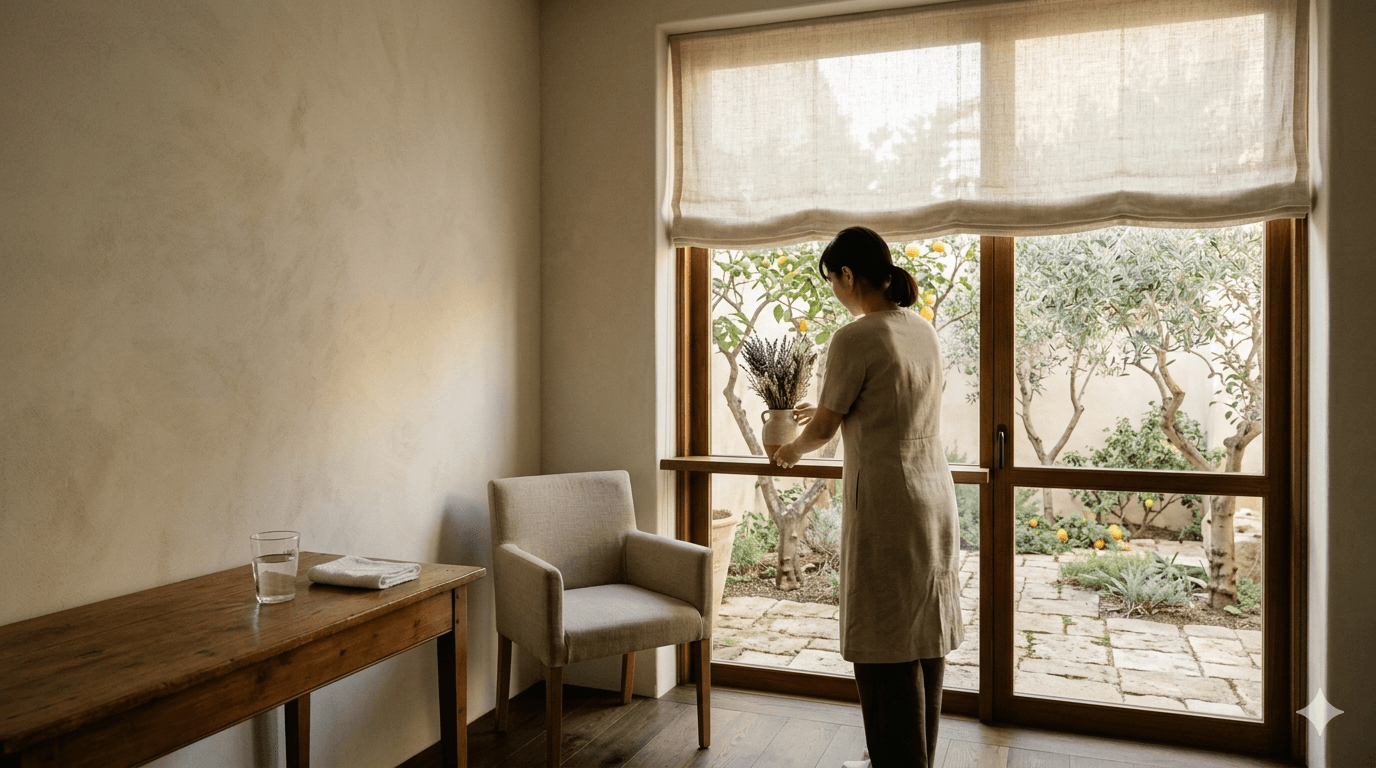 A figure stands at a tall window arranging a vase of dried plants in a calm wellness room, daylight filtered through linen onto a wooden table and oat-linen chair.