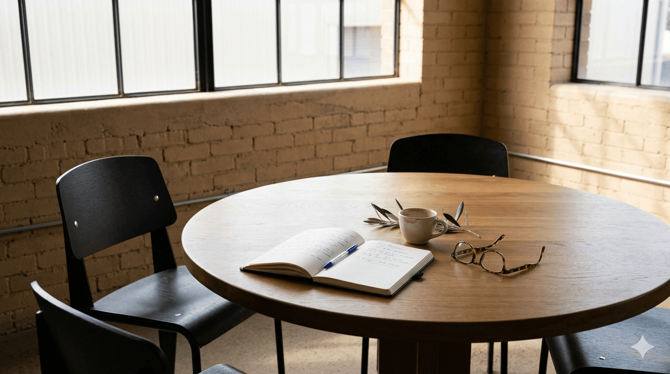 A round wooden table inside a converted brick warehouse, daylight pouring across an open notebook, an espresso cup, reading glasses, and a sprig of olive.