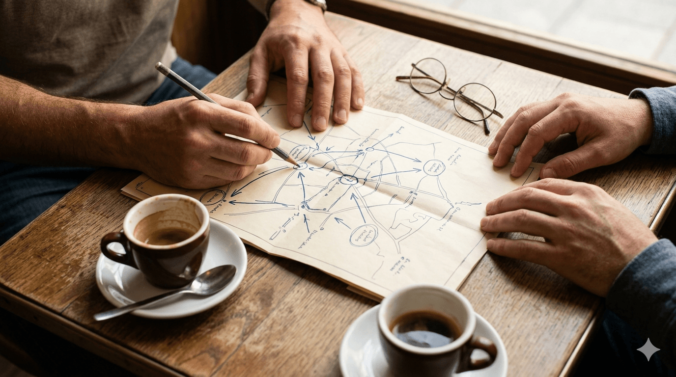 Two pairs of hands trace a route across a paper map covered in blue-ink lines, two espresso cups resting on the wooden table and a pair of reading glasses to the right.